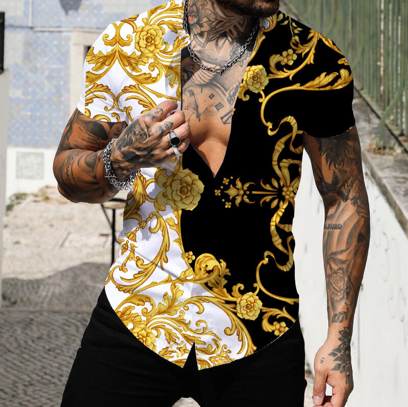 Mens Clothing Social Shirt Man Baroque Print Loose Shirts Tops Luxury Lapel Prom High Quality Blouse 5XL Oversized Tee Shirt Men