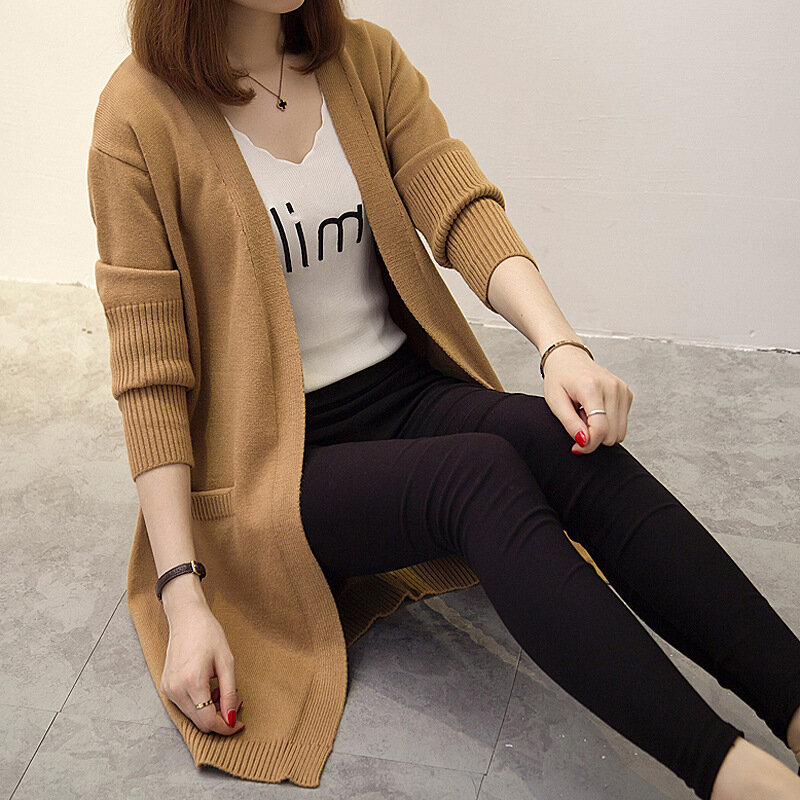 Cardigan mi-long en tricot de style coréen pour femmes, châle à grandes poches, pull grande taille, manteau pour femmes, automne et hiver, nouveau