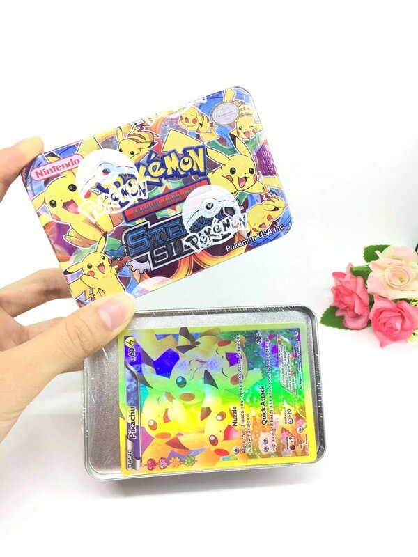 Anime 42 sztuk Pokemon karty żelaza metalowe pudełko astralne blask świecące karty zabawki gra bitewna kolekcja karty dzieci prezent na boże narodzenie