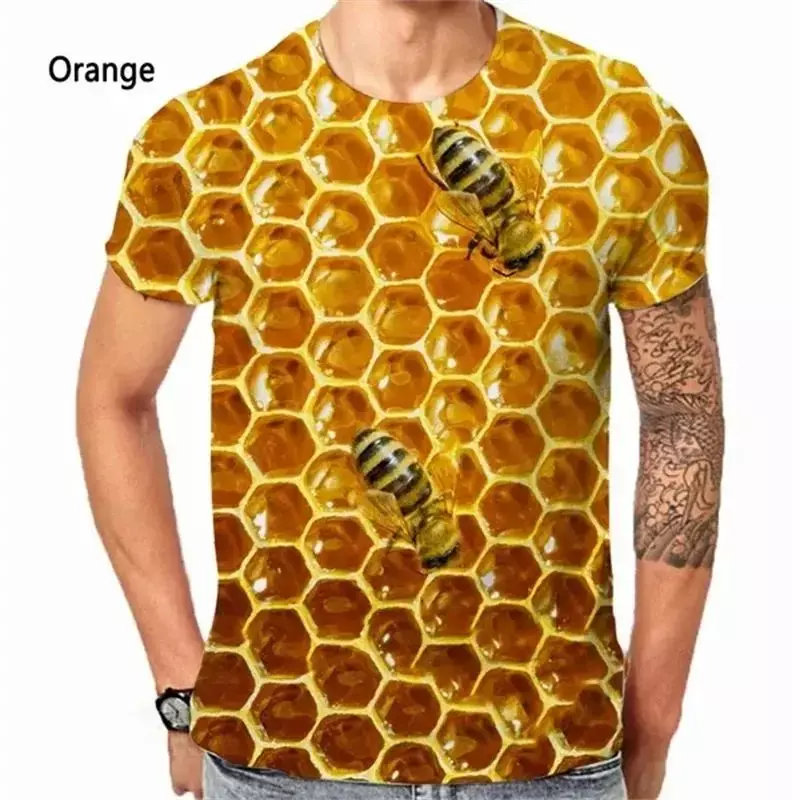 남성용 루즈한 3D 프린트 꿀벌 만화 패턴, 크리에이티브 패션, 캐주얼 남성 반팔 티셔츠, 크루넥 탑, 매일 여름
