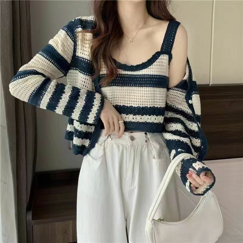 Striped knitted cardigan for women sense design pure desire summer and autumn suspender two-piece set of sweater cardigan female