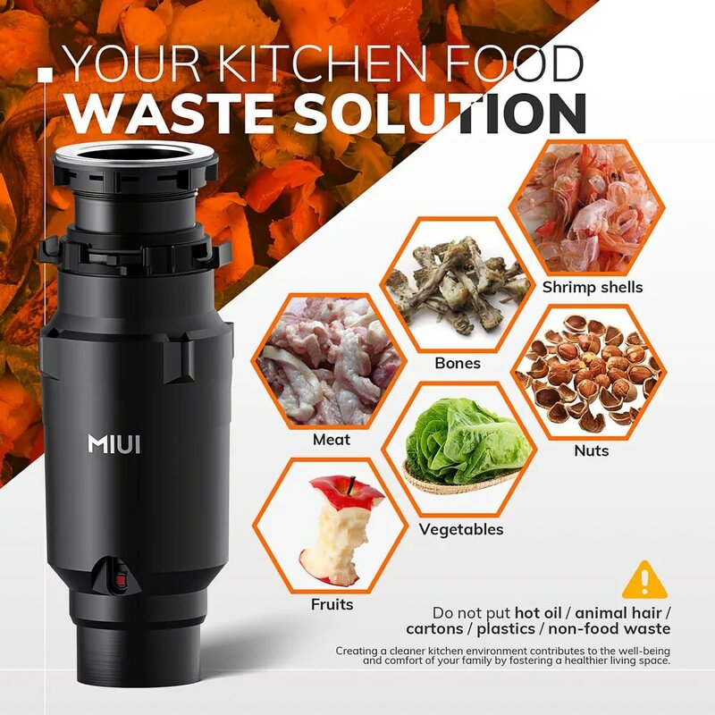 MIUI-eliminación de basura de alimentación continua con reducción de sonido, sistema de molienda de residuos de alimentos de acero inoxidable 1/2 HP, cable de alimentación incluido