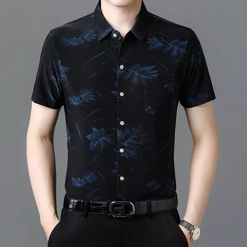 남성용 아이스 실크 반팔 셔츠, 다리미 없는 캐주얼 프린트 셔츠, 새로운 스타일, 여름 신상