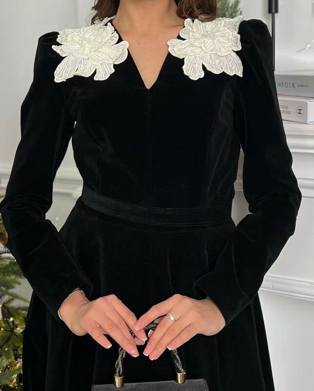 Koendye V Neck Black Velour Prom Dresses with Applique Long Sleeves Birthday Party Formal Occasion Women Wear Evening Gown 2024