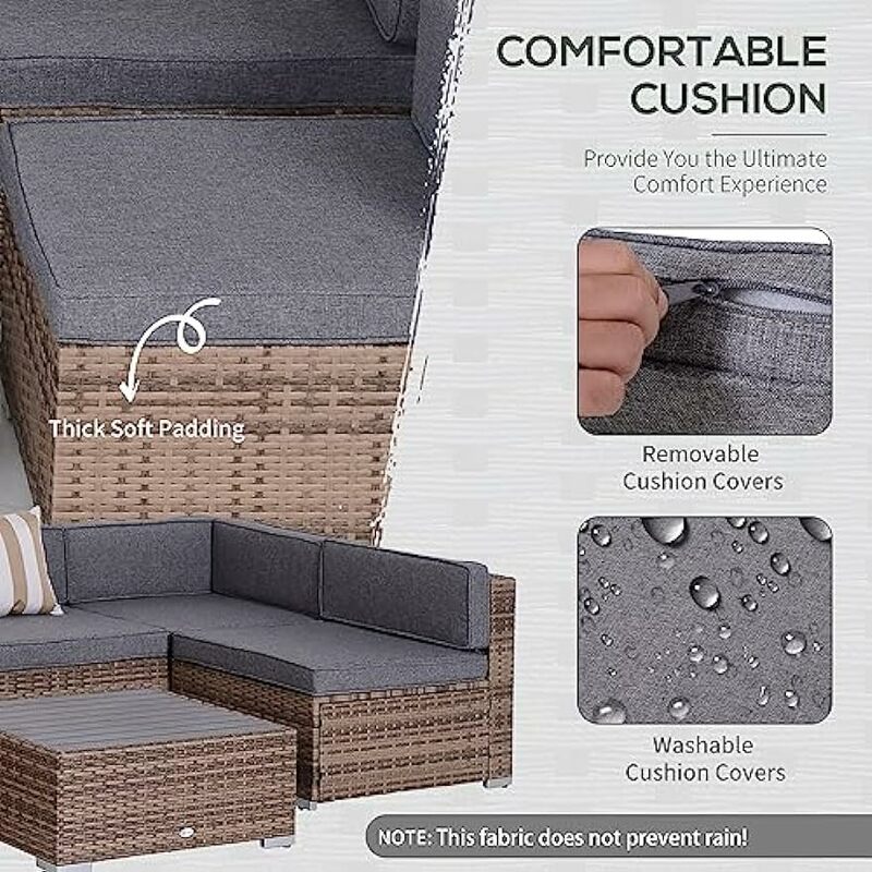 7-Piece Patio Furniture Set, Outdoor Wicker Conversation Set,  with Cushions and Faux Wood Table, Stripe Pillows, Gray