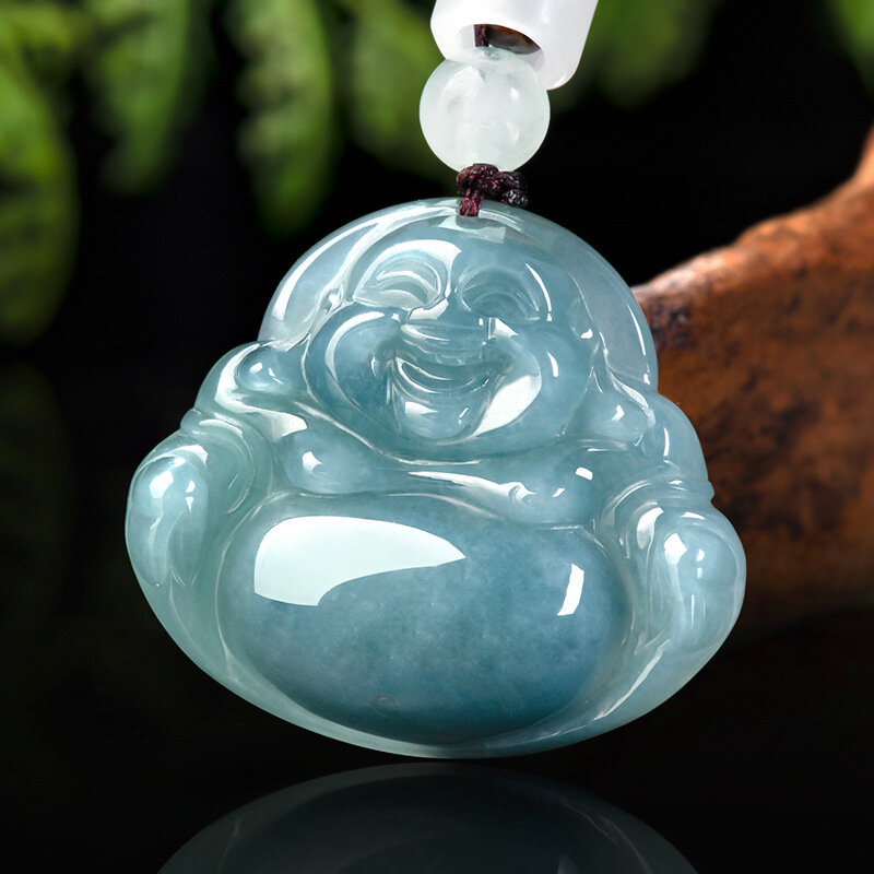 Colgante de jadeíta de hielo de Material antiguo de Buda de agua azul de Jade Natural de grado A, joyería de dijes para hombres y mujeres
