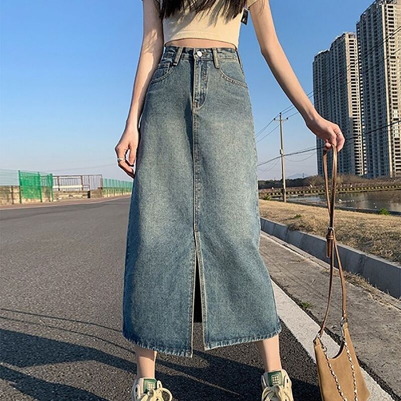 Jupe longue fendue taille haute pour femme, jean bleu, style coréen, haute qualité, denim, vintage, décontracté, été, 2024