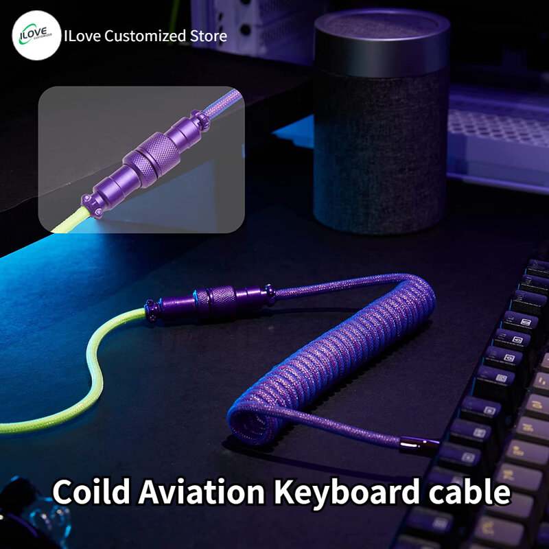 Cable en espiral de teclado USB C para Teclado mecánico de juegos, Cable de doble manga con conector de aviador de Metal desmontable, carga