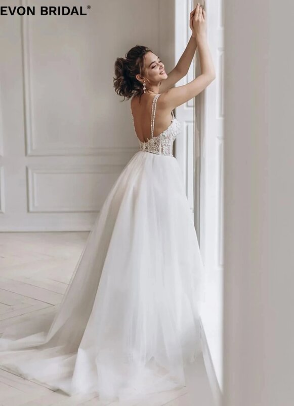 Evon bridal-女性のためのシンプルなスパゲッティストラップウェディングドレス、床の長さ、背中の開いたアップリケ、レース、ライン、プロムドレス、sSweettheart