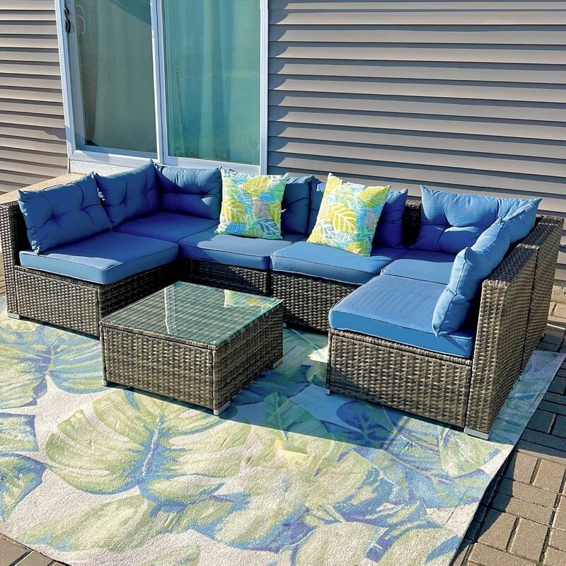 7 Pieces Patio Furniture Set, All-Weather PE Rattan Outdoor Conversation Set, Wicker Outside Sectional Sofa Couch with Table