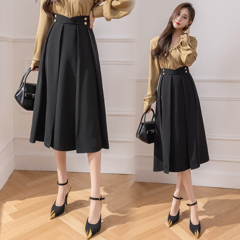 Falda negra larga Vintage para mujer, Falda plisada de cintura alta entrecruzada elegante, Falda larga de color liso con paraguas, 2023