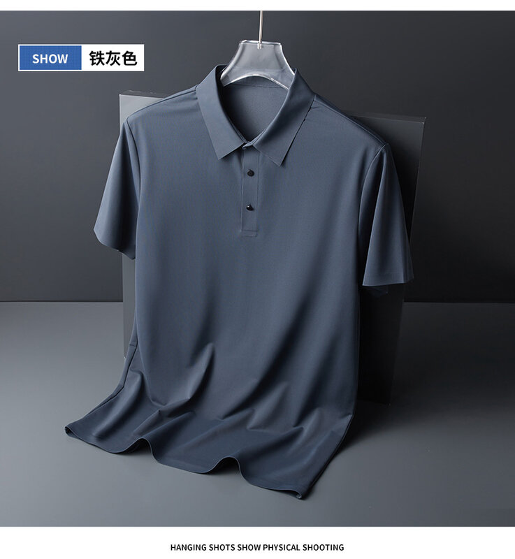 Camiseta leve de negócios masculina, cor sólida, top de meia manga, lisa, respirável, seda gelada, camisa polo sem traceless