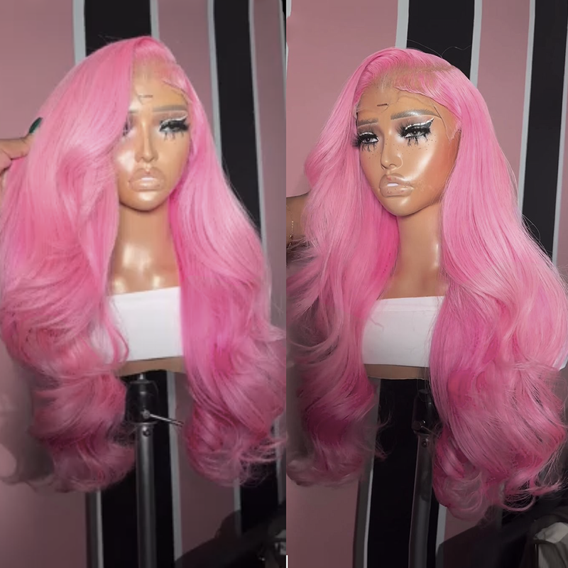 UStyleHair parrucca rosa parrucche lunghe dell'onda del corpo per le donne parrucca anteriore in pizzo sintetico attaccatura dei capelli naturale uso quotidiano parrucca in pizzo rosa con capelli Cosplay