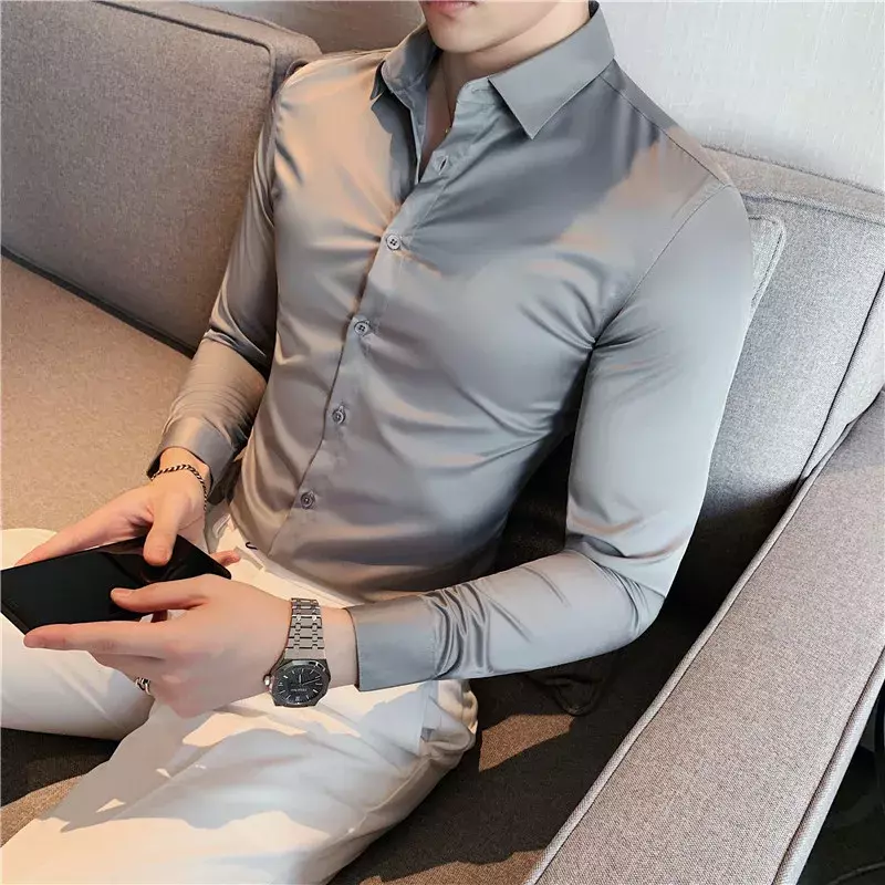 Camisa masculina de manga comprida estilo inglês, moda comercial, roupa social, camisas slim fit, qualidade superior, outono, 2022