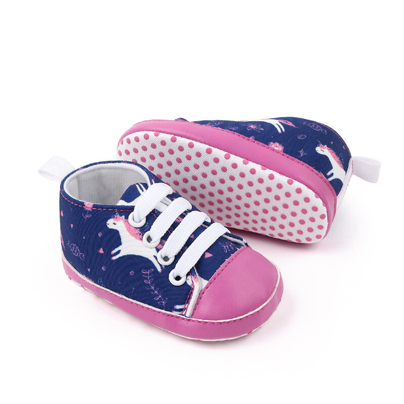 Новые детские кроссовки с мультяшным принтом, детская обувь на шнуровке для первых шагов, повседневная хлопковая мягкая подошва для новорожденных