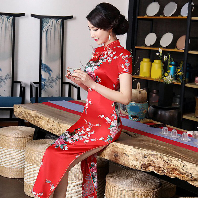 Robe chinoise Qipao à fente haute pour femmes, grande taille, Lady Cheongsam, Sexy, Spectacle sur scène, Robe longue, Éducatif, Été