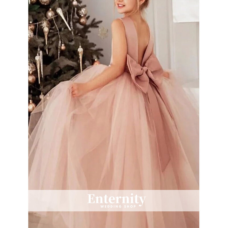 Princesse Enfant A-line O-Neck Bow Flower Girl Dress Tank Sleeve Ball Gown Open Back Floor-length Lovely Vestidos Para Niñas