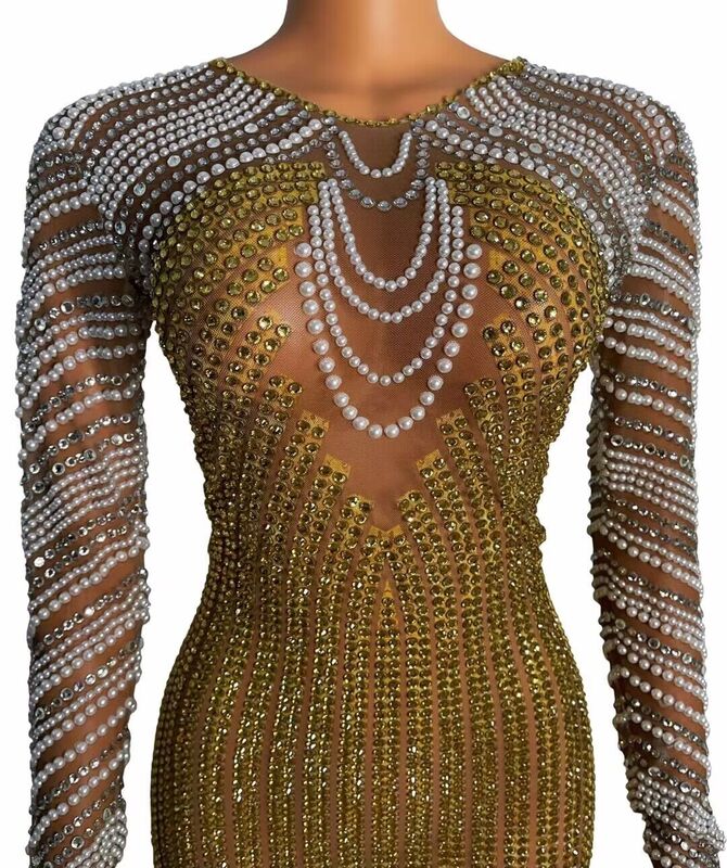 Garza personalizzata scava fuori pizzo perla trasparente alta paillettes elastiche vestito attillato Sexy vestito da festa di compleanno vestito da prestazione