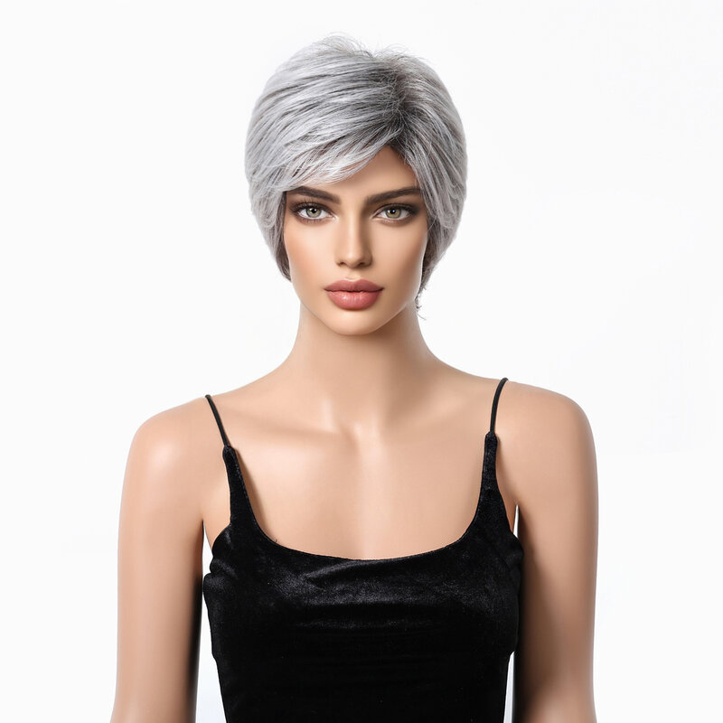 EASIHAIR-Perruque synthétique courte avec frange pour femme, coupe pixie grise mixte avec cheveux humains, 03/Party