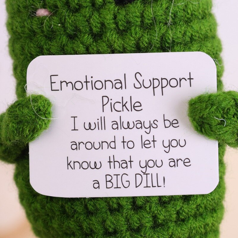 Handmade Emotional Support Pickle Crochet Funny Sour Cucumber Knitted Pickle with Positive Card Cheer up Gift Crochet Decor