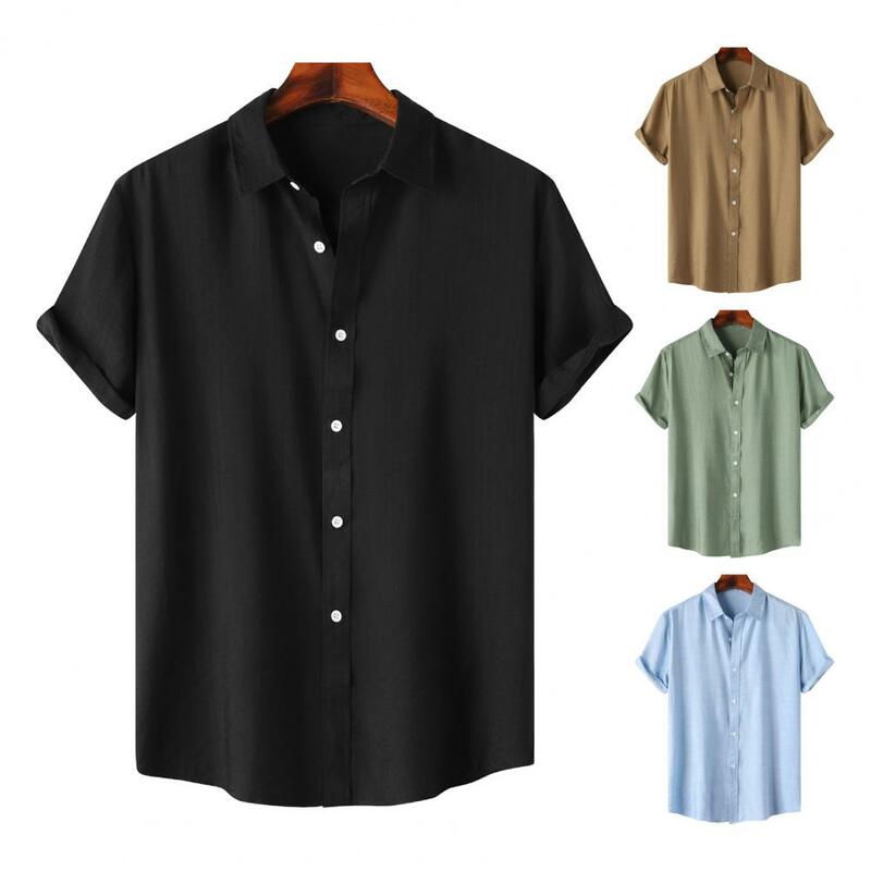 قميص رجالي أنيق بياقة مطوية ، تصميم سلس ، قماش مطاطي ، ملابس عمل غير رسمية مريحة ، قمة صيفية
