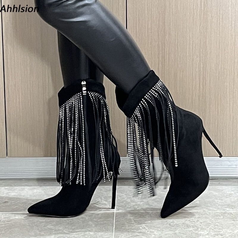 Ahhlsion Handmade Women Winter Ankle Boots Sexy Rhinestone Stiletto Heels Pointed Toe Nice Black Club Shoes US Plus Size 5-13