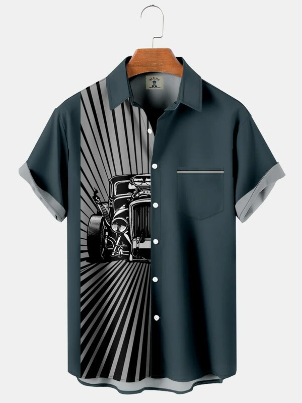 Мужская винтажная рубашка с принтом автомобиля, Гавайские повседневные мужские топы с лацканами, удобные пляжные мужские рубашки с коротким рукавом, новый стиль 2024