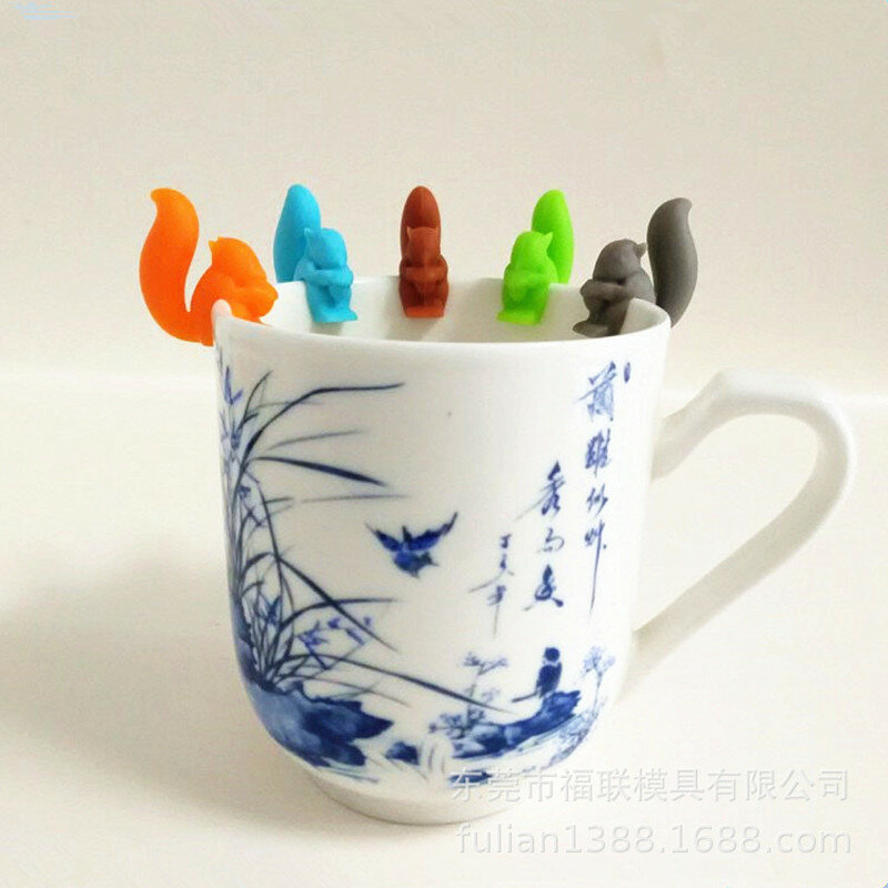 5pcs Cute Silicone Squirrel Tea Bag Hanging Tea Infuser Mug Cup Clip Label Holder Wineglass Label Party Supplies Multicolor