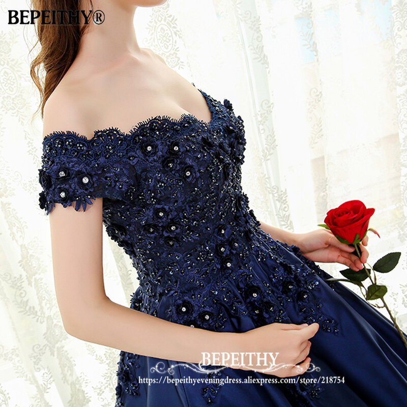 BEPEITHY V-ausschnitt Navy Blau Lange Abendkleid Für Frauen Spitze Vintage Prom Kleider Vestido De Festa Weg Von Der Schulter Ärmel