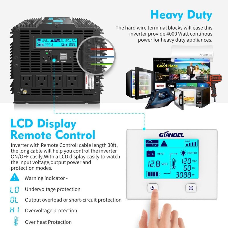 Inversor de energia de onda senoidal pura com display LCD, 4000W, DC 12V para AC 110V 120V, FCC Aprovado, Dual 2.4A Porta USB e Co remoto