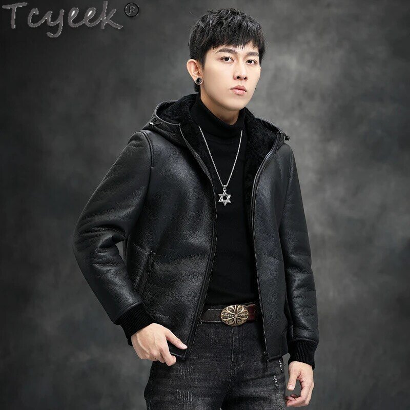 Tcyeek-Casaco de pele real masculino, couro genuíno, casacos de pele de carneiro, jaqueta com capuz, streetwear natural, roupas da moda, inverno, novo
