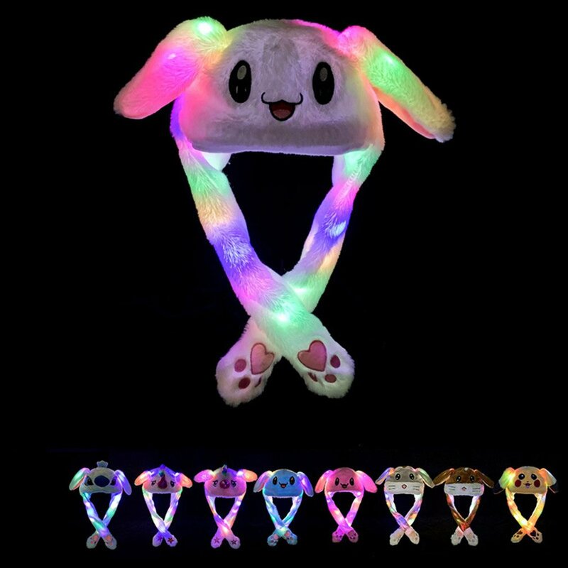 Cute Glowing Bunny Ears Hat, Jumping Rabbit Hat, Orelha engraçada Movendo o chapéu do coelho, Brinquedos de pelúcia Kawaii dos desenhos animados, Presente para adulto K