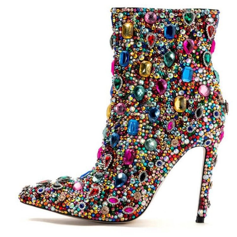 Saltos Stiletto Multi-Jeweled para Mulheres, Botinha no Tornozelo, Dedo Apontado, Zíper Lateral, Sapatos de Festa, Calçado de Designer de Senhoras, Calçado de Luxo