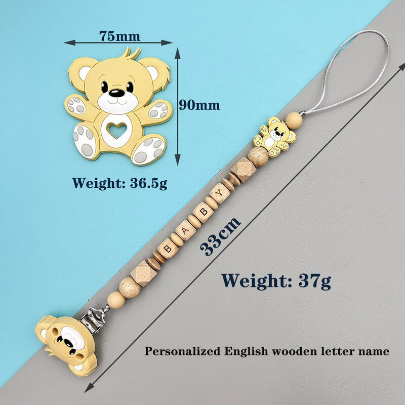 Personalized English Wooden Letters Name Baby Bear Silicone Pendant Pacifier Clips Chains Holder Teether Baby Kawaii Toy Gifts