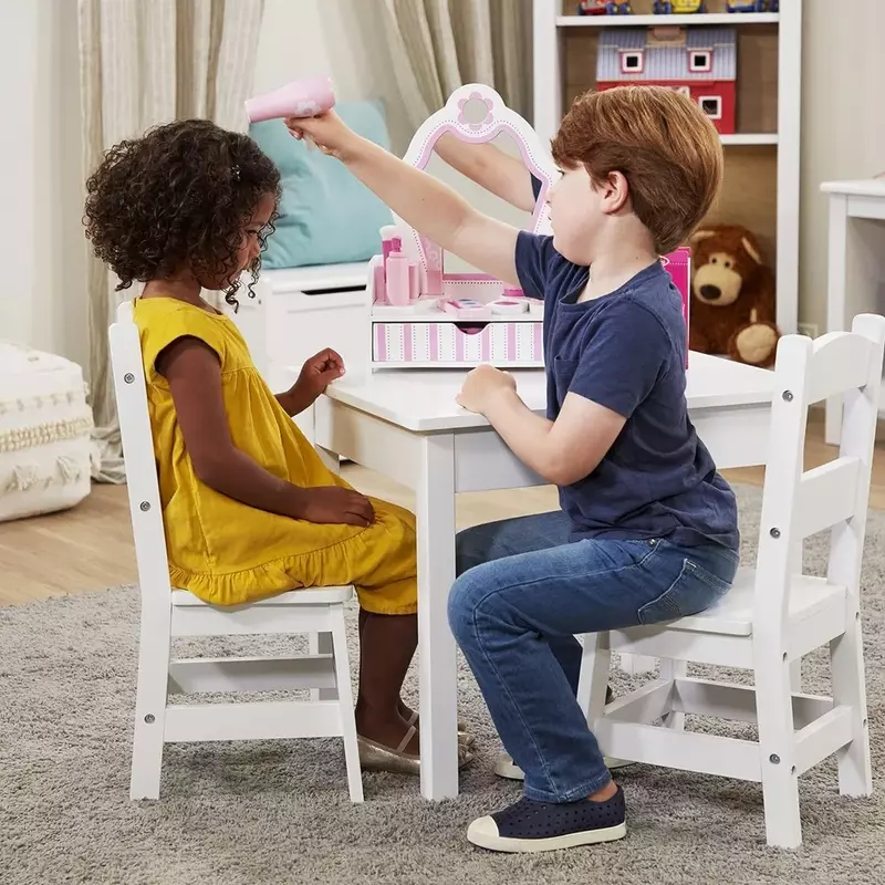 โต๊ะและเก้าอี้ไม้-โต๊ะเด็กสีขาวพร้อมเก้าอี้โต๊ะสำหรับเด็กชุดเฟอร์นิเจอร์สำหรับเด็ก