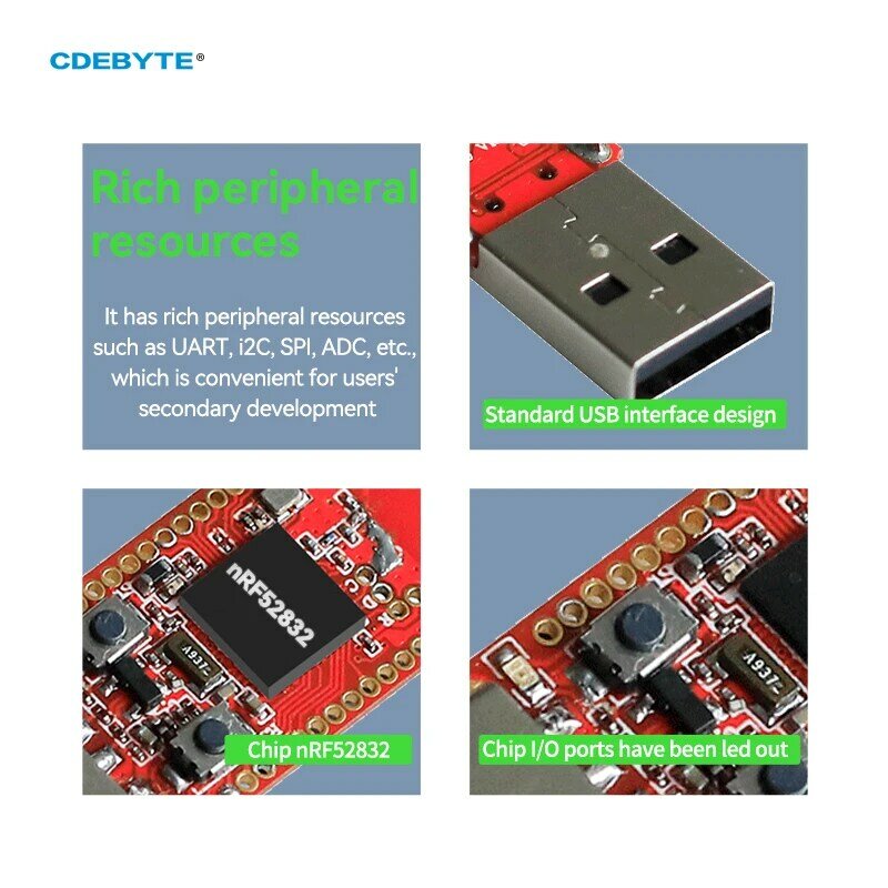 CDEBYTE nRF52832 블루투스 무선 스니퍼 USB 패킷 캡처 도구 E104-BT5032U 2400 ~ 2480MHz 4dBm PCB 80m 미니 BLE4.2/BLE5.0