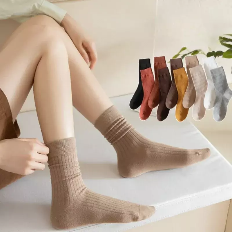 Socks Women Striped Long Simple Solid Color Ankle Mid Tube Breathable Casual Striped Socks Meias Autumn Winter Warm Japanese