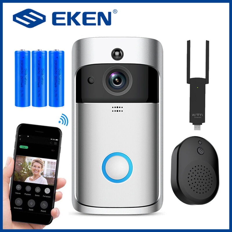 EKEN-timbre inteligente con cámara de seguridad, videoportero con Wifi, para apartamentos videollamada, alarma IR, inalámbrico, V5