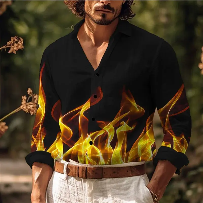 Рубашка 2023 дизайнерская модная популярная Повседневная Уличная Мужская рубашка с рисунком пламени, синего, зеленого, красного цветов, с пуговицами и лацканами