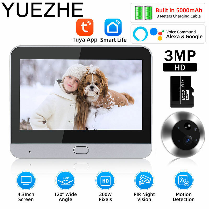 Yuezhe Tuya Smart Peephole Camera, Vídeo Wi-Fi, Wi-Fi, Silêncio, Olho, 5000mAh, Alarme de Movimento PIR, Alexa Door Phone, Casa Inteligente, 3MP, 4,3"