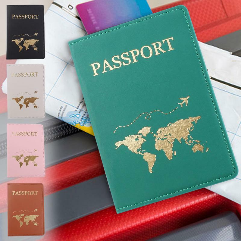 Sarung pelindung paspor pria dan wanita, Aksesori Perjalanan ringan dompet modis tempat kartu peta kulit PU 1 buah untuk penerbangan untuk pria dan wanita