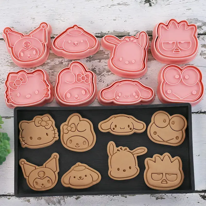 Molde de galletas Sanrios, figuras de Hellokittys, Kulomis, Cinnamorolls, molde de panadería DIY, sello de galletas, molde de Pastelería en relieve, juego de 8 piezas