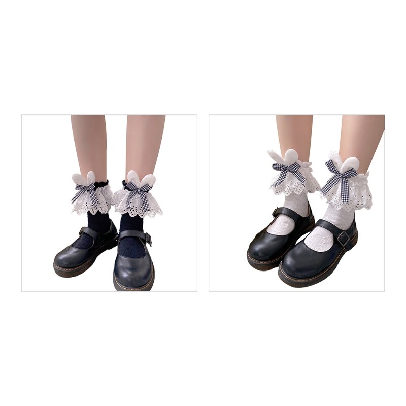 Japanische Stickerei Spitze Kurze Socken Kaninchen Hasenohren Karierte Schleife Rüschen Harajuku Fußkettchen