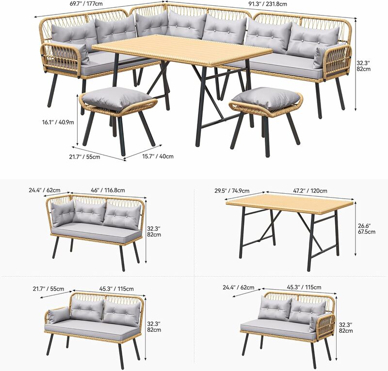 .CWUNICEF-Ensemble de meubles en forme de L, ensemble de canapé de conversation en plein air en rotin par tous les temps pour terrasse d'arrière-cour avec coussins souples