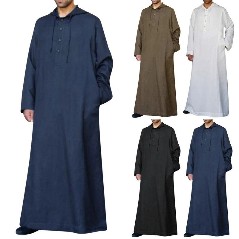 Baju Muslim pria, pakaian untuk laki-laki, Kaftan Arab Saudi longgar, jubah Thobe lengan panjang bertudung, pakaian pria
