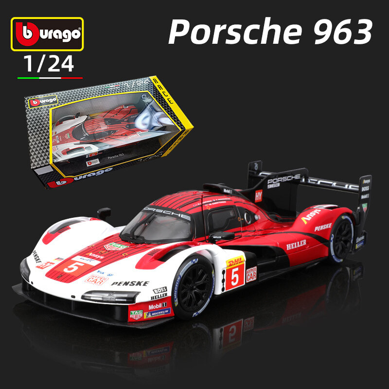 Bburago-Coche de aleación modelo Porsche 963, vehículo fundido a presión, juguetes, colección de regalos, 1:24