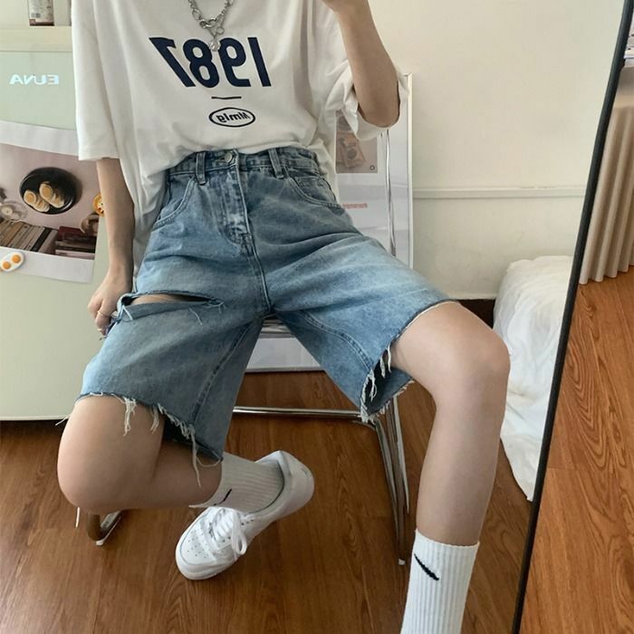 Denim Capris Women's Summer New Instagram High Waisted Slimming Hole Straight Leg Shorts with Mesh Red Loose Wide Leg Shorts