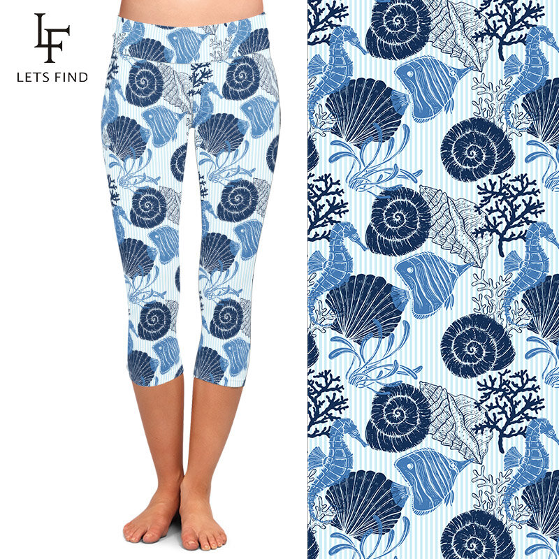LETSFIND ฤดูร้อนใหม่3D เปลือกหอย Seahorses และปะการังพิมพ์ Capri กางเกงขายาวสูงเอว Slim Fitness กลางลูกวัว Leggings