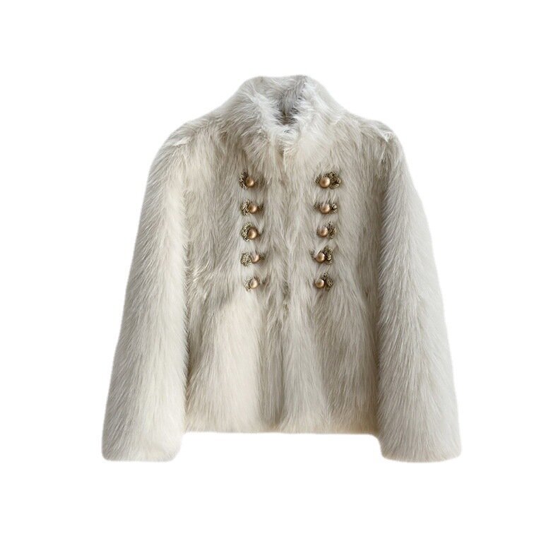British Style Fashion Faux Fox Fur Coat Women Gold Silk Buckle New Winter Clothes Vintage Warm Plush Fur Jacket Casaco Feminino