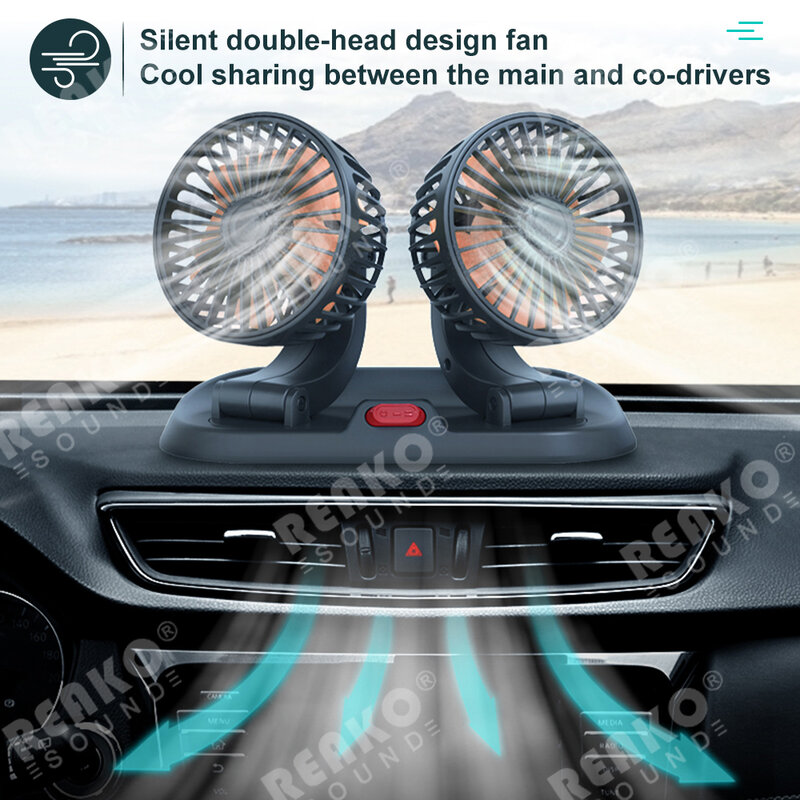 REAKOSOUND Car Fan 360°Adjustable Double Head Car Fan Electric USB/24V 2-Stage Silent  For Home Desk And Car Cooling Fan